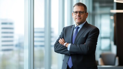Fototapeta premium Professional businessman posing confidently in modern office with glass windows and stylish decor : Generative AI
