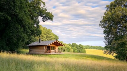 Fototapeta premium cabin, wood, log, field, nature, rural, landscape, tree, grassy, outdoors, scenery, home, building, architecture, country, tranquil, small, retreat, shelter, scenic, escape, peaceful, idyll, environme