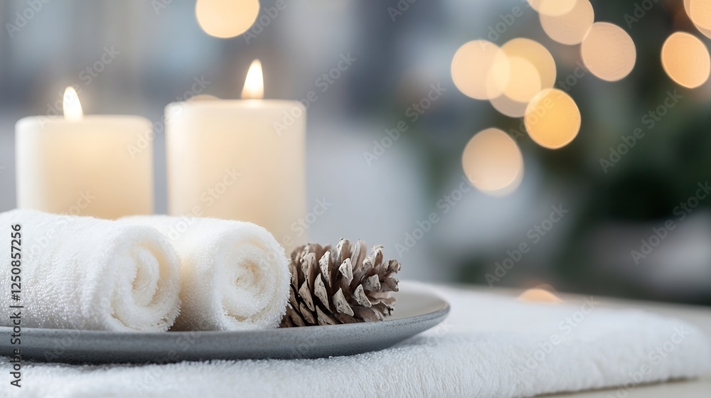 Poster calming spa setup with scented candles soft towels and natural pine cone accents : generative ai