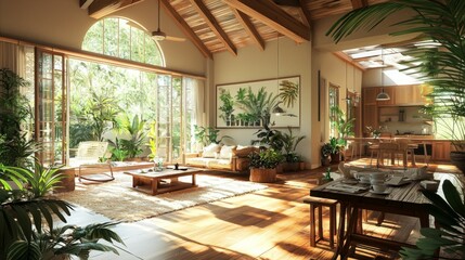 Fototapeta premium Bright and Airy Living Room with Abundant Tropical Plants and Sunlight