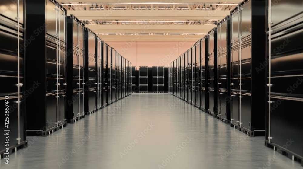 Poster a modern data center with rows of black server racks and a spacious aisle.