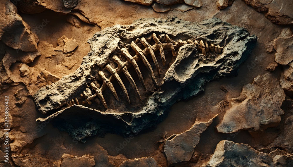 Aufkleber fossilized dinosaur skeleton embedded in stone