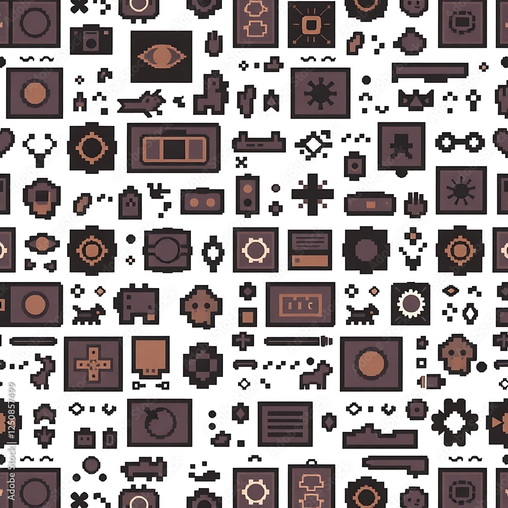 Poster pixelated pattern: a captivating, minimalist pattern featuring a whimsical mix of pixelated icons in