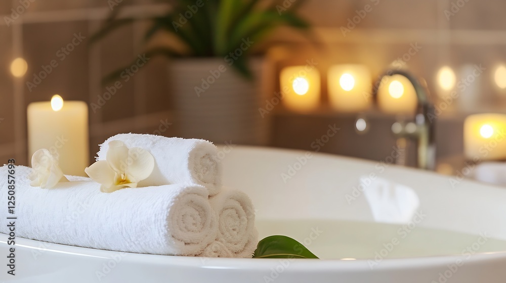 Poster relaxing bathroom scene with soft towels candles and natural elements creating a soothing atmosphere
