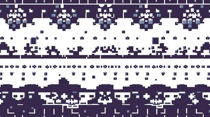 Pixelated Winter Wonderland: A seamless pattern in a pixel art style depicts a charming winter scene with snowflakes, trees, and festive elements in a cool color palette.