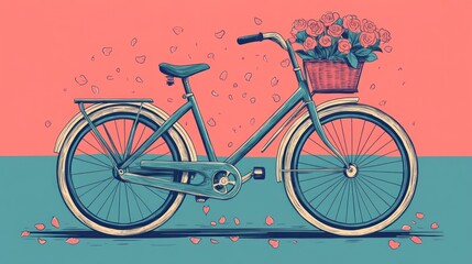 Fototapeta premium Teal bicycle with roses, pastel background, spring