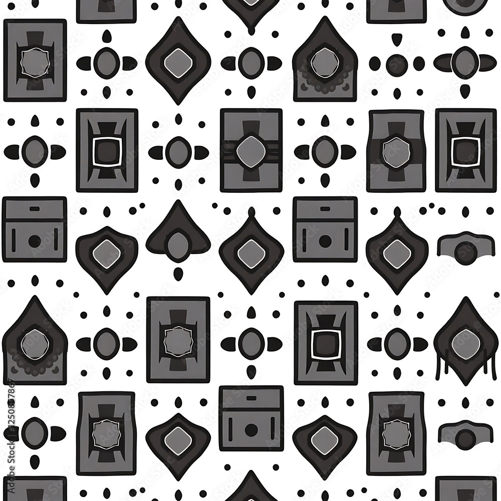 Poster Geometric Abstract Pattern: A seamless grayscale pattern featuring repeating geometric shapes, including rectangles, diamonds, and circles, creating a visually engaging and modern design.  
