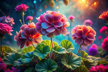 Fototapeta premium Dreamlike geraniums explode with vibrant, surreal color in captivating photographs.
