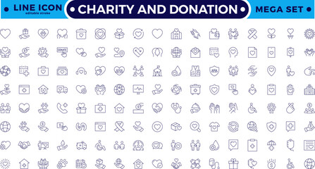 charity and donation icon set. Charity and Volunteering thin line style of philanthropic icons: almsgiving, helping those in need, donation, contribution, humanism, altruism. Editable stroke outline 
