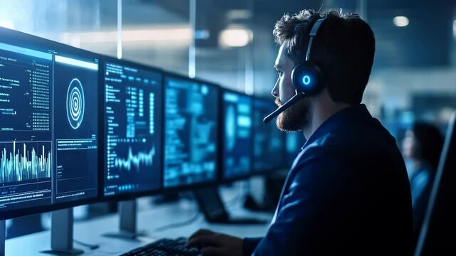 A futuristic call center environment showcasing AI-powered solutions, with holographic screens displaying real-time analytics about agent performance and customer interactions.