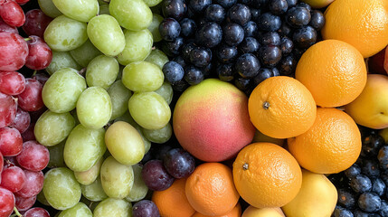 fresh and colorful fruit basket showcasing variety of grapes, oranges, and apples, creating vibrant display of healthy choices. Perfect for nutritious snack or decoration