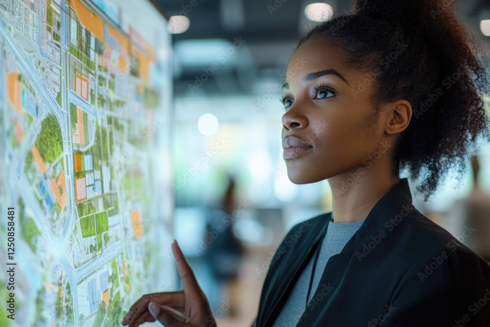 Poster a person examining a map on a wall for navigation or planning purposes