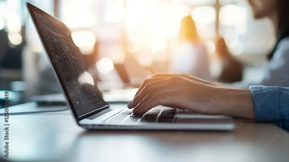 Poster Individual typing on a laptop with bright sunlight filtering through in a modern office environment : Generative AI