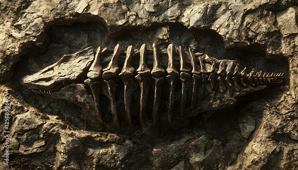 Aufkleber ancient fossilized reptile skeleton embedded in rock