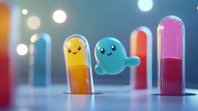 2D animated medical element analysis, Cute test tube Character
