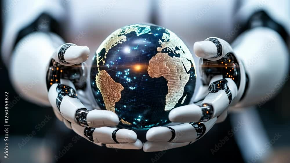 Poster ai robot hands holding a glowing earth, symbolizing business strategies and sustainable development.