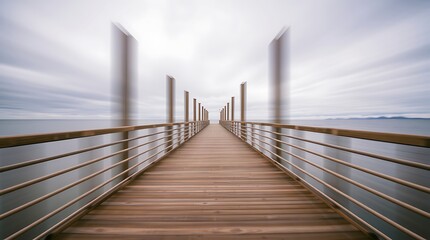 Obraz premium Long wooden pier extending to calm sea under cloudy sky.