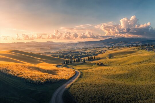 Sunset Over Rolling Hills with Dramatic Clouds and Pathway
