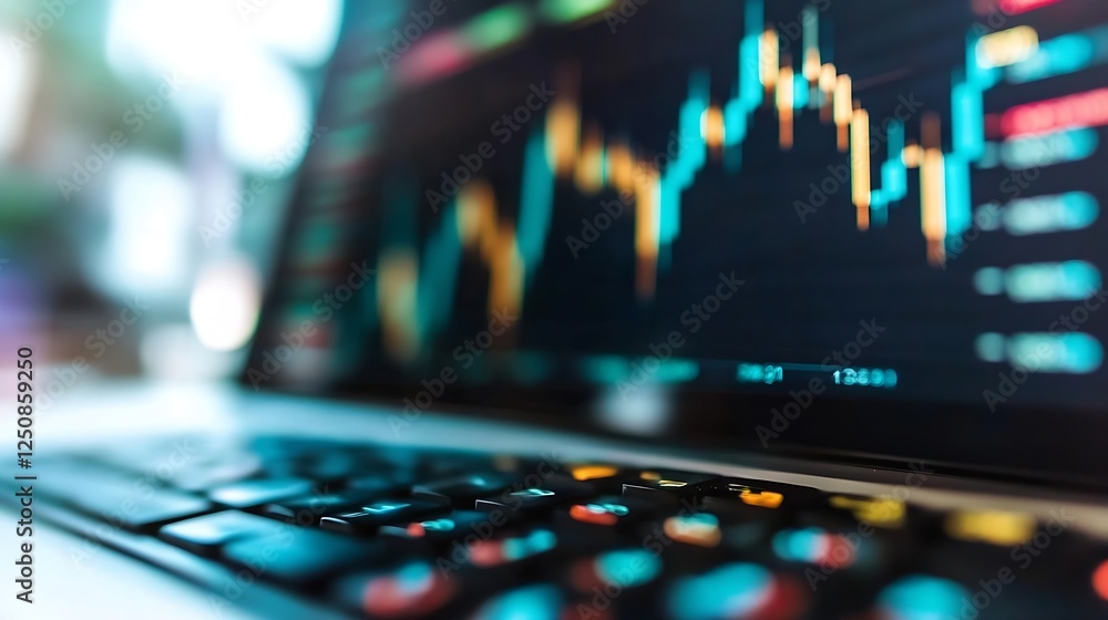 Poster Dynamic stock market graph displayed on a laptop screen with vivid colors and indicators showcasing trading activity : Generative AI