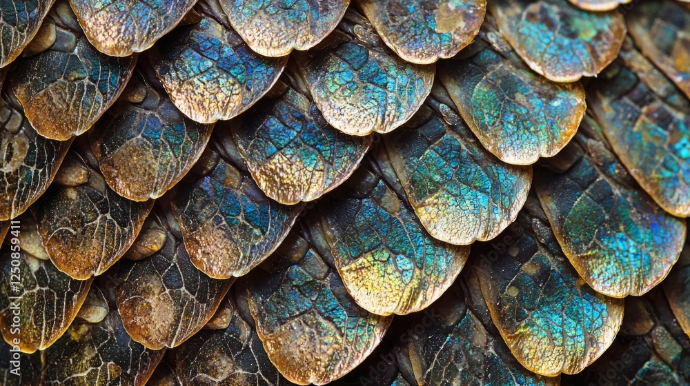 Poster close-up of colorful scales with iridescent texture and patterns