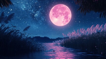 Naklejka premium Full moon and Japanese pampas grass in midnight,The harvest Miscanthus sinensis and full moon,beautiful night sky in the countryside with the perfect moon exudes beauty in the dark.