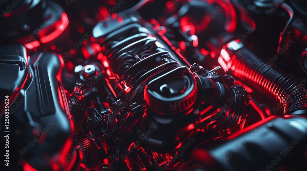 Poster high-tech engine close-up with red lighting background