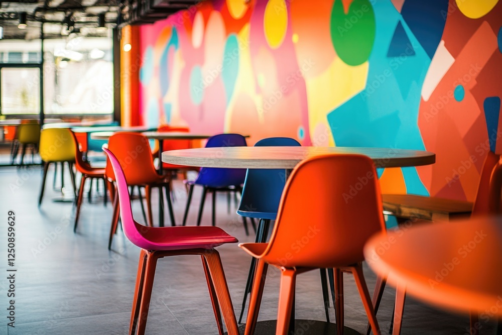 Poster A set of colorful chairs and tables placed in front of a vibrant wall