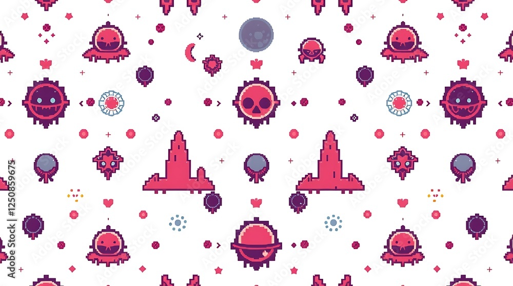 Poster cosmic pixel pattern: a whimsical and colorful pixel art pattern featuring repeating motifs of plane