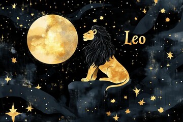 A celestial Leo themed illustration with gold stars and moon..