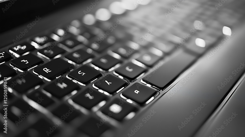 Poster close up of a hightech laptop keyboard depicting modern technology and user interaction in a monochr