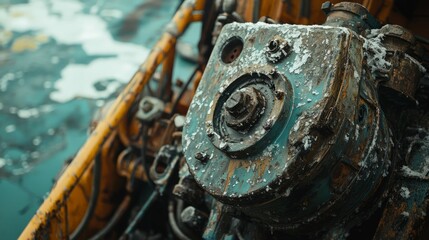 Naklejka premium Rusty Mechanism on a Weathered Fishing Vessel in a Marine Environment