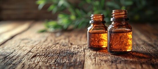 Essential oils on wood, herbal background. Wellness, aromatherapy