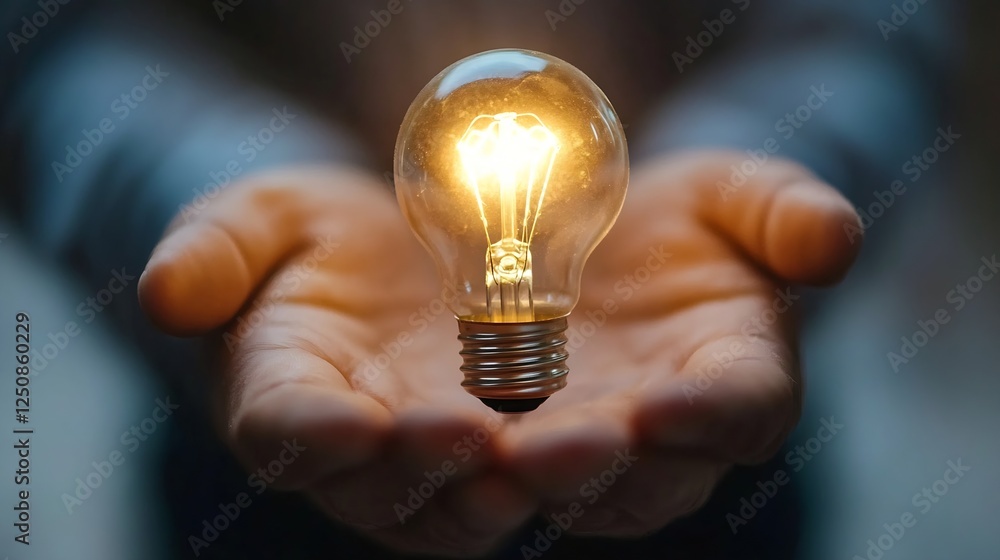 Aufkleber Closeup image of a glowing light bulb held in hands symbolizing innovation and ideas : Generative AI