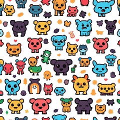 Fototapeta premium Pixelated Delight: A vibrant and playful seamless pattern featuring adorable pixelated animal characters with a variety of colorful backgrounds and textures.