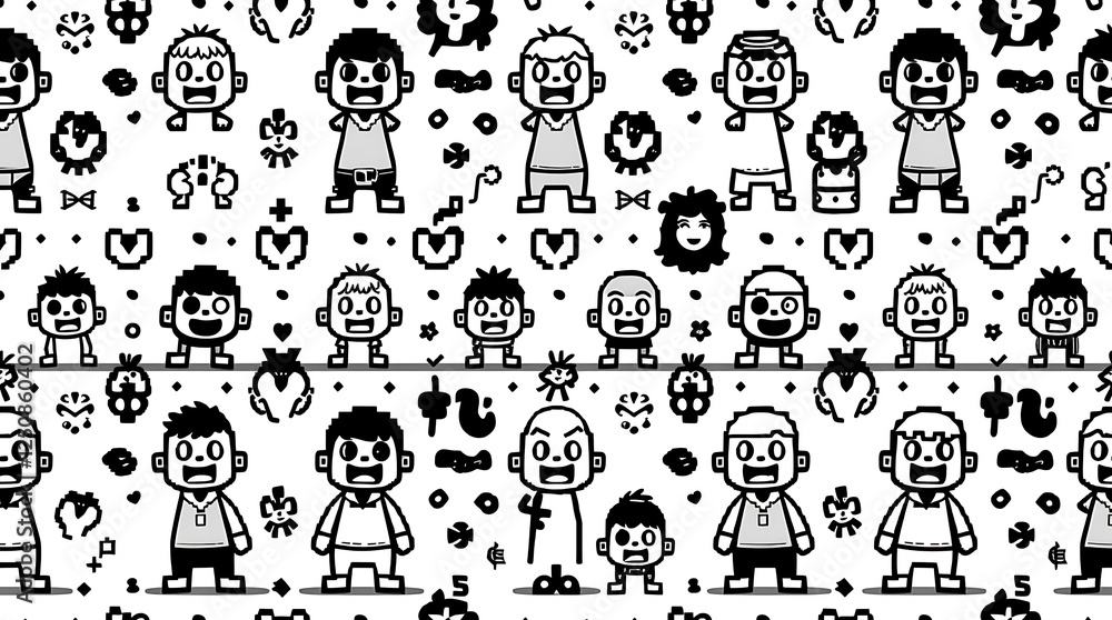 Poster pixel people pattern: a playful, repeating pattern featuring diverse pixel art characters and quirky