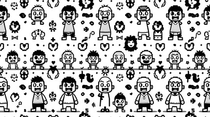Pixel People Pattern: A playful, repeating pattern featuring diverse pixel art characters and quirky icons. Perfect for adding a fun, retro vibe to your designs. 