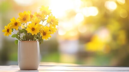 Cheerful bouquet of bright yellow flowers in a vase under soft natural light : Generative AI © Generative AI