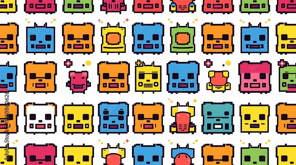Poster pixelated fun: a seamless pattern featuring adorable pixel art characters with vibrant colors and pl