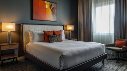 Cozy modern hotel bedroom with stylish decor and natural light