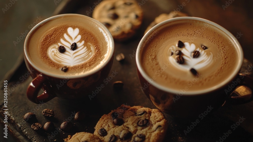 Poster a tray with two cups of coffee and a cookie ready for a break