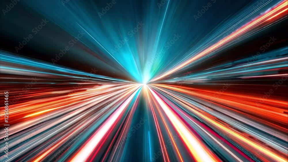 Poster a dynamic burst of colorful light streaks, creating a sense of speed and energy, resembling light tr