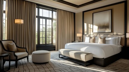 Elegant Modern Hotel Room with Cozy Bed and Stylish Decor