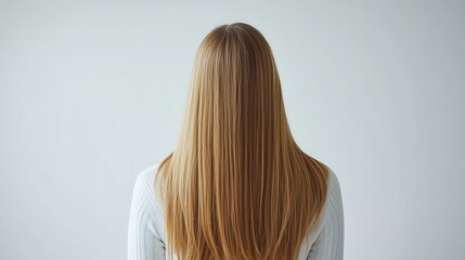 Naklejka premium Beautiful model girl with Blond hair strand,silky healthy wavy hair strand,hair wavy ribbon, with smooth,Keratin straightening,Treatment,straight long hair,procedures,Smooth hairstyle.