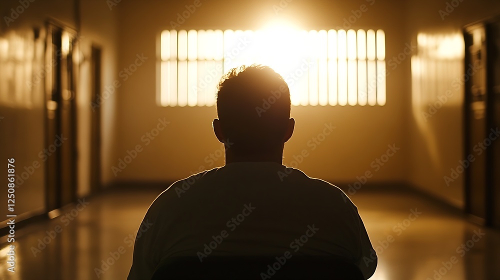 Poster Silhouette of a man sitting in a hallway with sunlight streaming through bars evoking feelings of solitude and reflection in a confined space : Generative AI