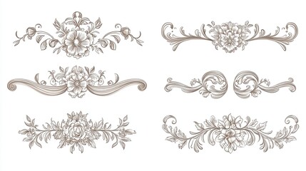 Vector flat style vector design set of simple line art decorative borders, and floral ornaments for wedding invitation cards with a white background