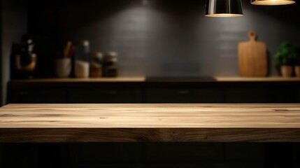 Empty Wooden Kitchen Table Top With Dark Interior Background