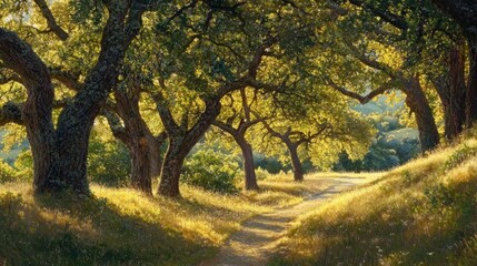 Fototapeta premium Serene Sunlit Path Through Lush Green Trees in a Quiet Forest