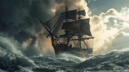 Obraz premium Majestic Sailing Ship Braving Stormy Seas