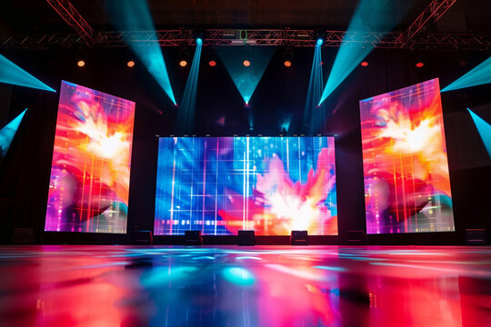 A futuristic stage setup featuring large LED projection screens displaying vibrant, abstract visuals with streaks of red, orange, and blue. The floor reflects the colorful lights