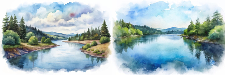 Scenic river landscape, tranquil watercolor painting, lush green trees, serene blue water, natural beauty, outdoor scenery.